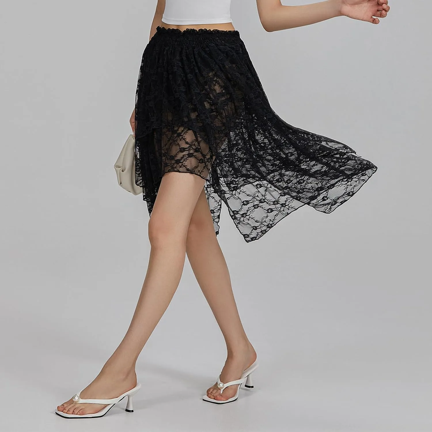 Lace Slip Skirts for Women Y2k Low Rise Tiered Mini Skirt Pleated Ruffle Floral Lace Short Skirts Summer Flowy Underskirt
