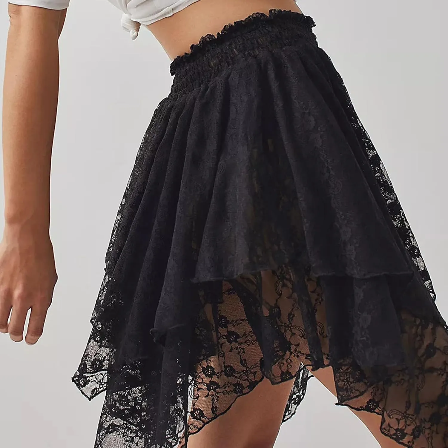 Lace Slip Skirts for Women Y2k Low Rise Tiered Mini Skirt Pleated Ruffle Floral Lace Short Skirts Summer Flowy Underskirt
