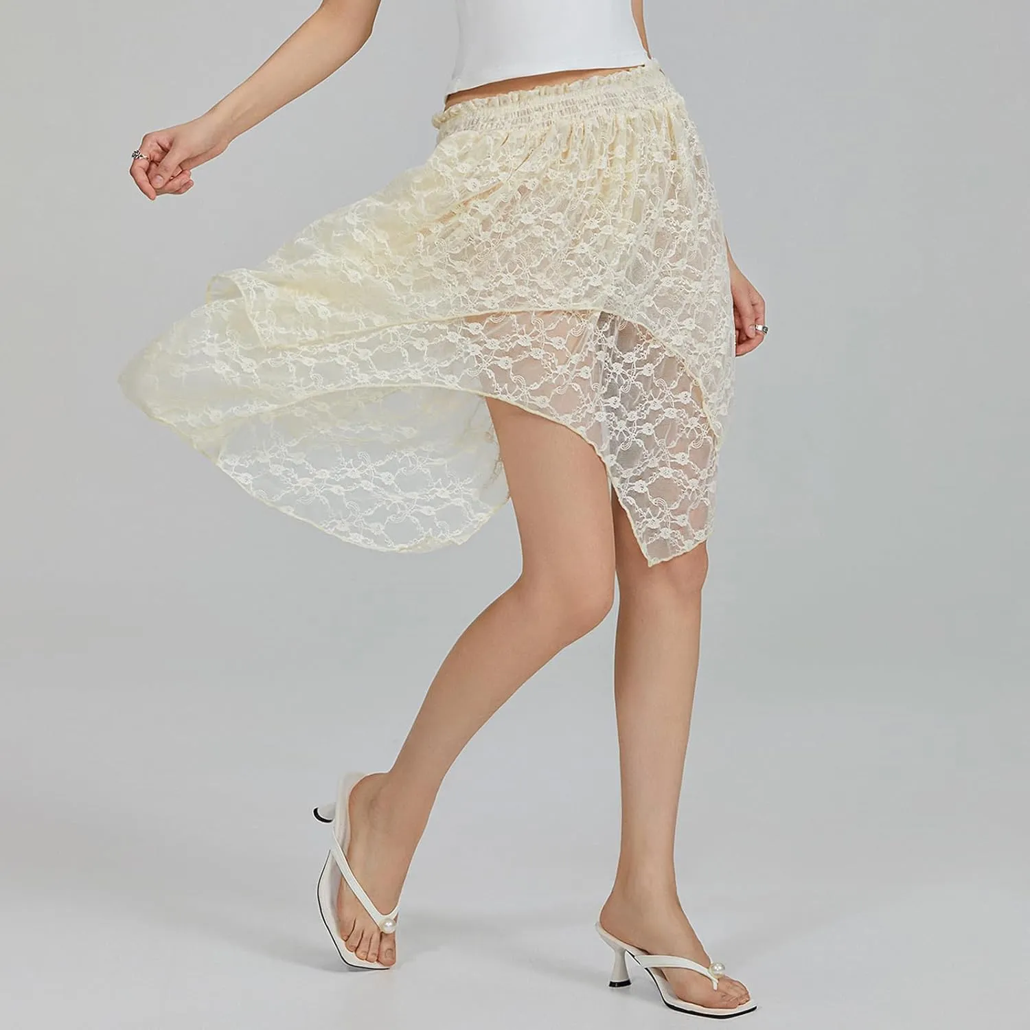 Lace Slip Skirts for Women Y2k Low Rise Tiered Mini Skirt Pleated Ruffle Floral Lace Short Skirts Summer Flowy Underskirt