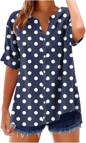 Linen Shirt for Women Loose Roll Up Short Sleeve Blouse Notch V Neck Button Tunic Tops Cute Print T-Shirt Summer 2025