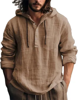 Linen Shirts for Men Lightweight Button Up Long Sleeve Hoodies Sweatshirts Lightweight Hawaiian Beach Hippie Shirt