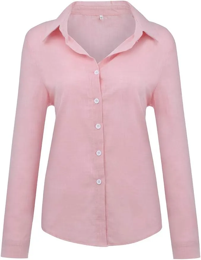 Linen Shirts for Women V-Neck Button Blouse Lapel Beach Tee Tops Long Sleeve Loose T-Shirt