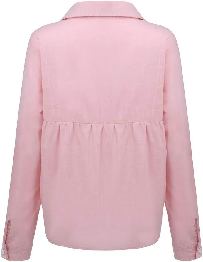 Linen Shirts for Women V-Neck Button Blouse Lapel Beach Tee Tops Long Sleeve Loose T-Shirt
