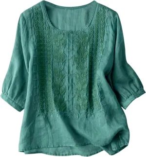 Linen Tops for Women Summer Trendy Retro Embroidered 3/4 Length Sleeve Tops Dressy Casual Blouses Boho Cute Shirts