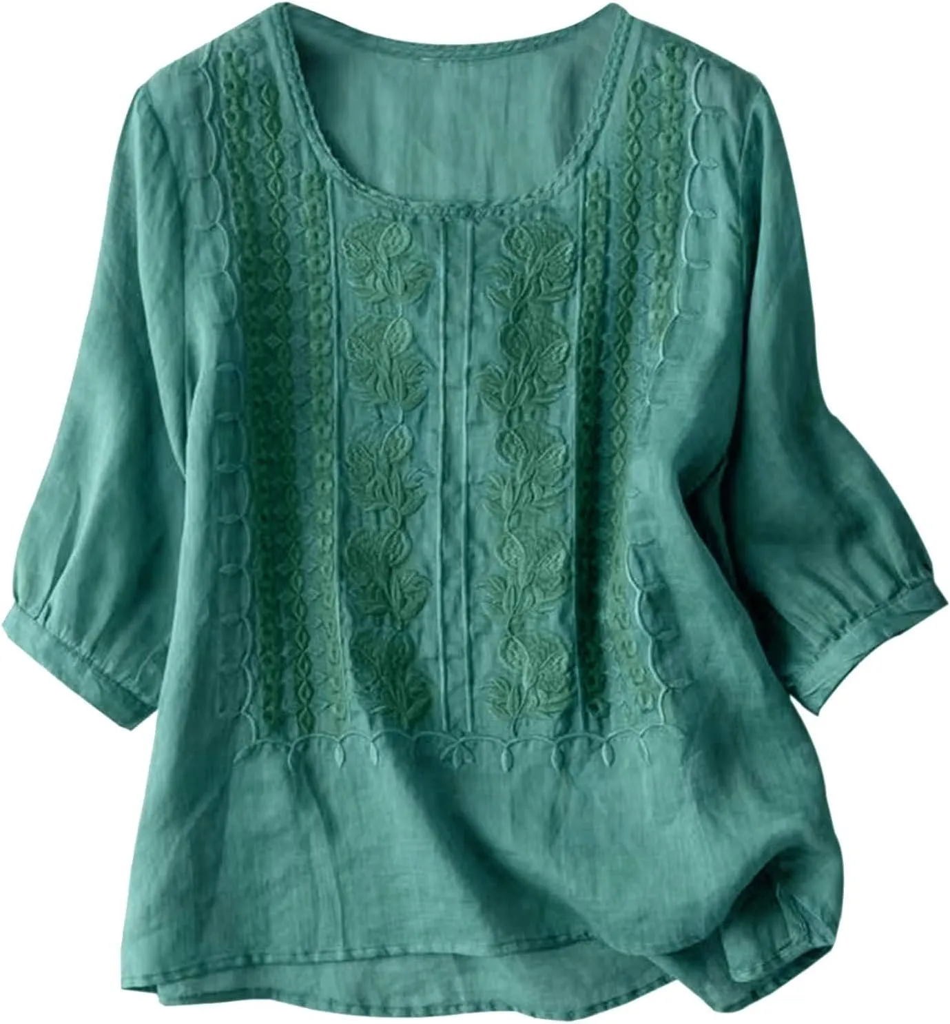 Linen Tops for Women Summer Trendy Retro Embroidered 3/4 Length Sleeve Tops Dressy Casual Blouses Boho Cute Shirts