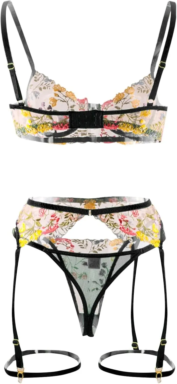 Lingerie Set for Women Sexy Flower Embroidery Lace Lingerie Set Naughty 2 Piece Outfits for Women