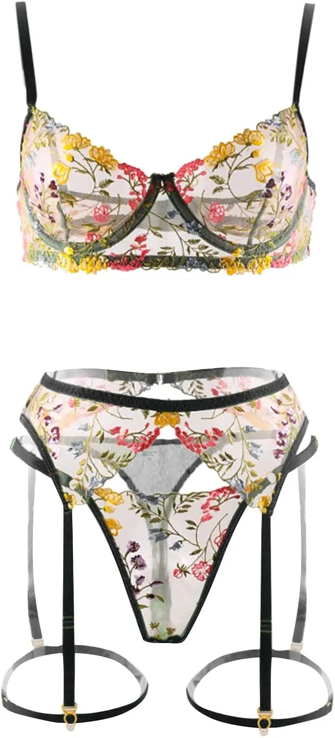 Lingerie Set for Women Sexy Flower Embroidery Lace Lingerie Set Naughty 2 Piece Outfits for Women