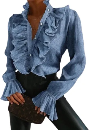 LOAIHA Womens Long Sleeve Blouse Ruffle Front Shirt Tops Button Down V Neck Dressy Chiffon Blouse Tops