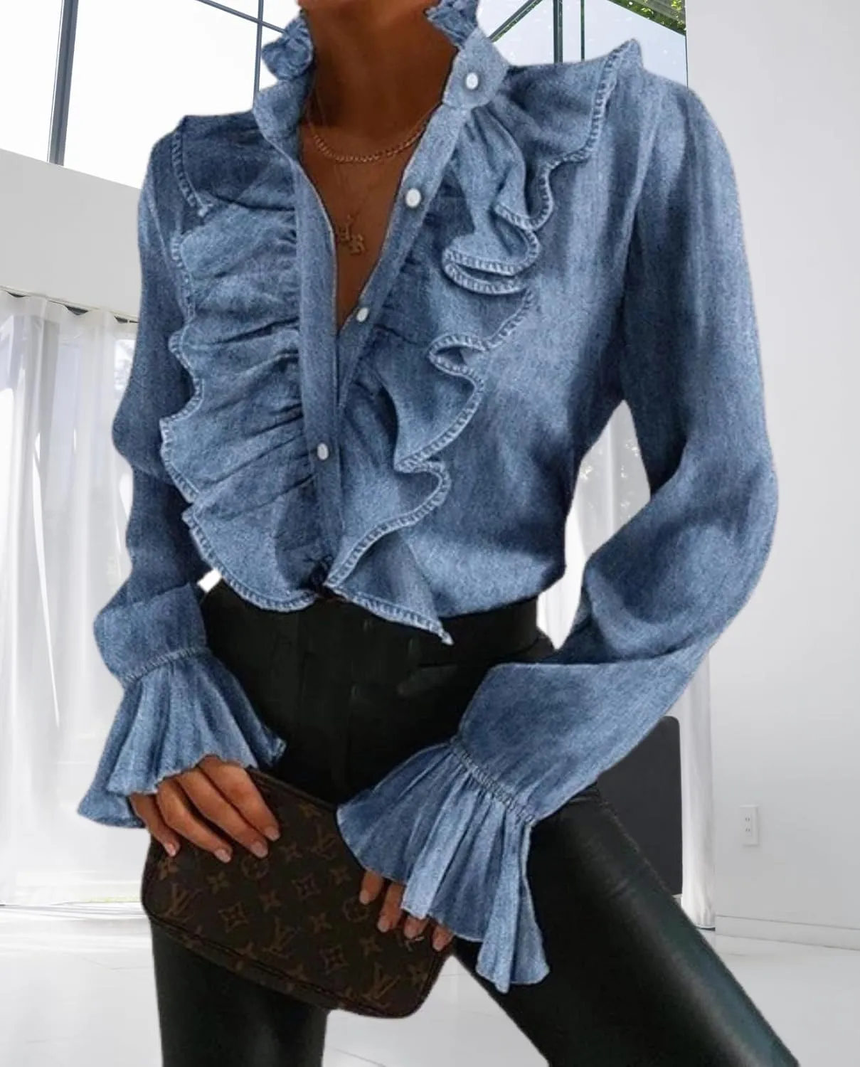 LOAIHA Womens Long Sleeve Blouse Ruffle Front Shirt Tops Button Down V Neck Dressy Chiffon Blouse Tops