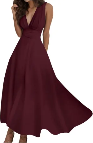 Long Dresses Women Trendy 2025 Sleeveless Maxi Summer Dress Beach Vacation V Neck Solid Color Long Sundress