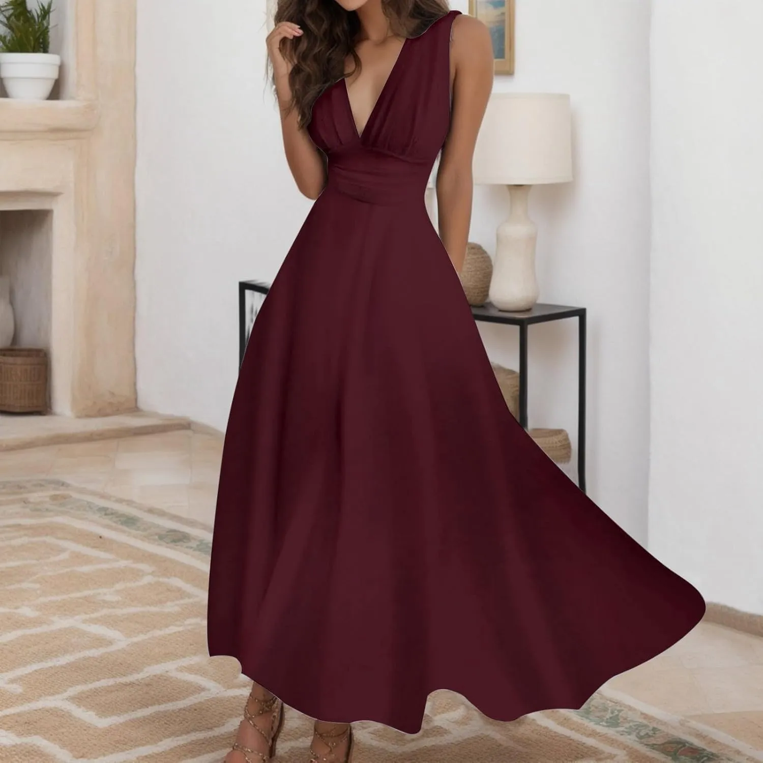 Long Dresses Women Trendy 2025 Sleeveless Maxi Summer Dress Beach Vacation V Neck Solid Color Long Sundress