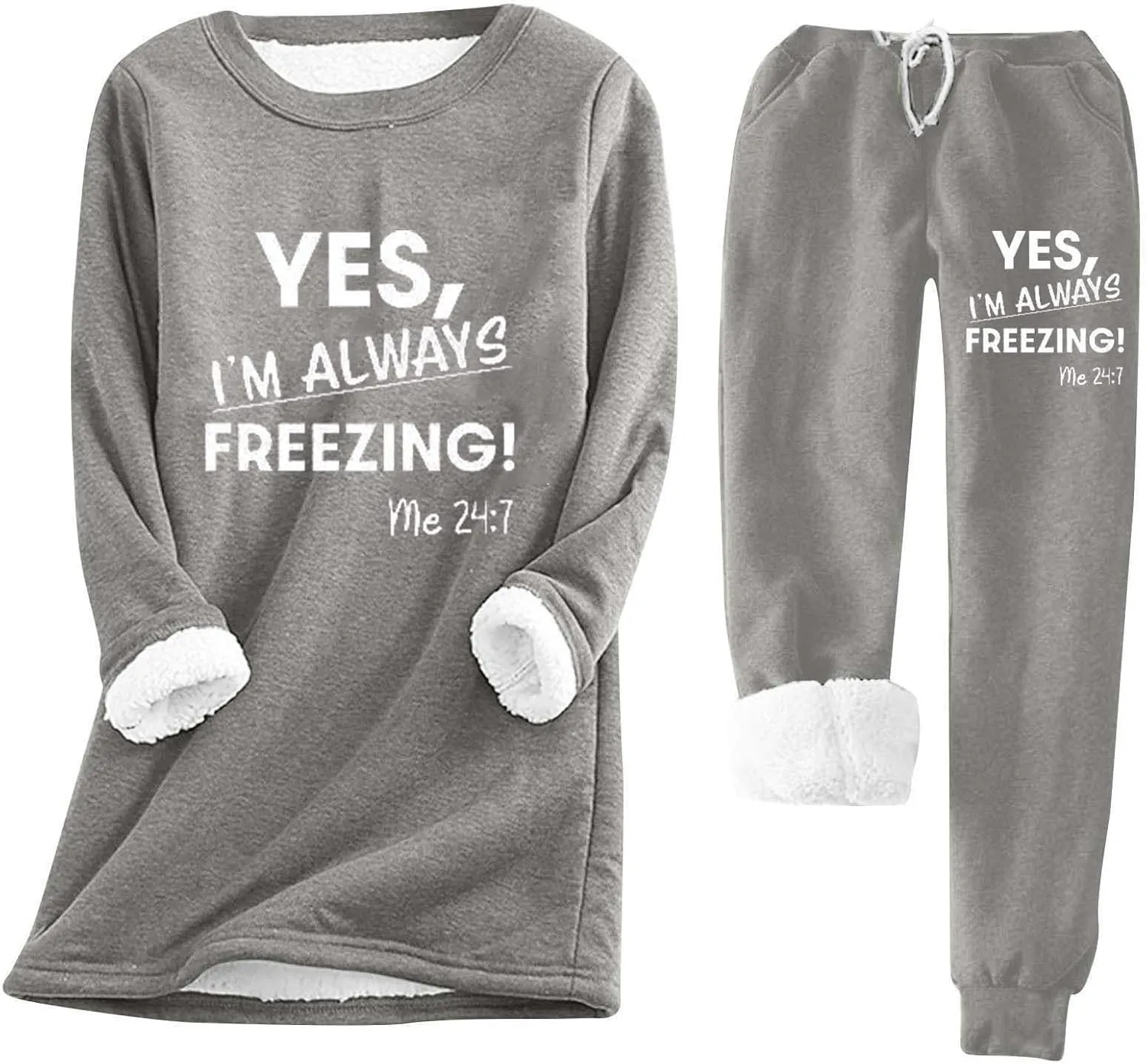 Lounge Sets for Women Yes I'm Cold Me 24:7 Sweatshirt Winter Warm Sherpa Fleece Lined Pants Soft Pjs Sleepwear
