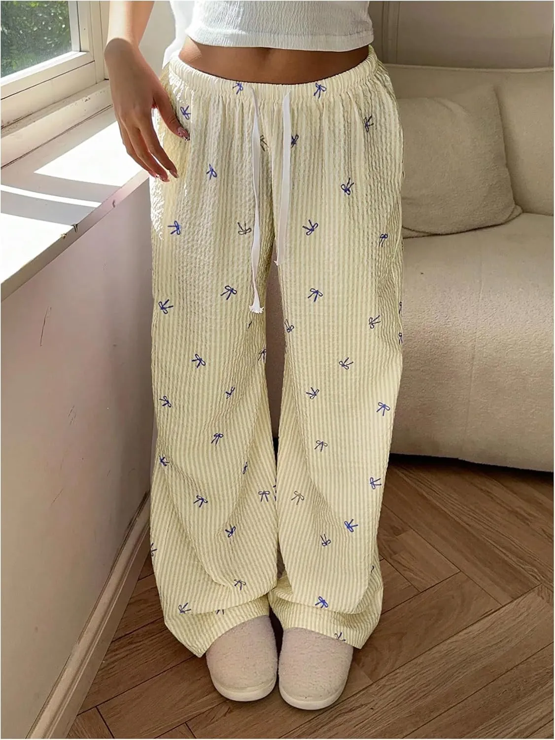 MakeMeChic Women's Y2K Bow Striped Pants Elastic Waist Pants Drawstring Straight Leg Trousers