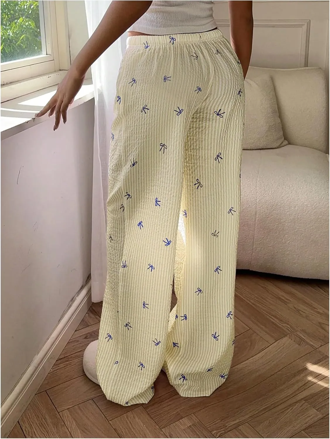 MakeMeChic Women's Y2K Bow Striped Pants Elastic Waist Pants Drawstring Straight Leg Trousers