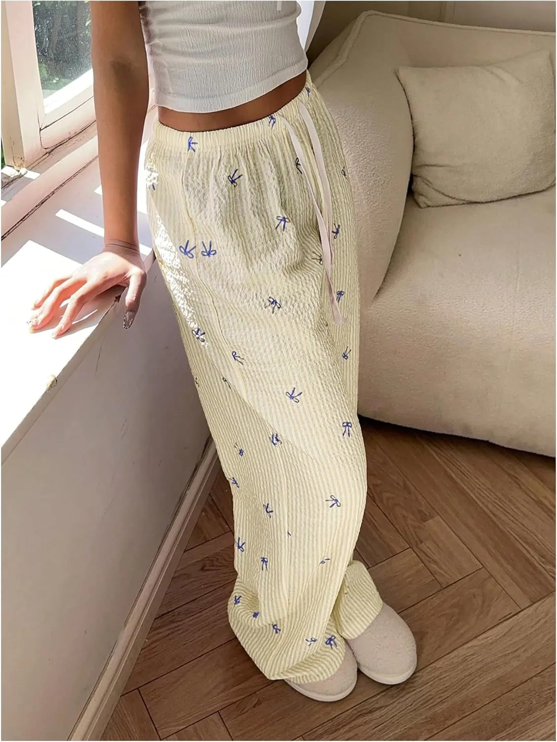 MakeMeChic Women's Y2K Bow Striped Pants Elastic Waist Pants Drawstring Straight Leg Trousers