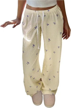MakeMeChic Women's Y2K Bow Striped Pants Elastic Waist Pants Drawstring Straight Leg Trousers