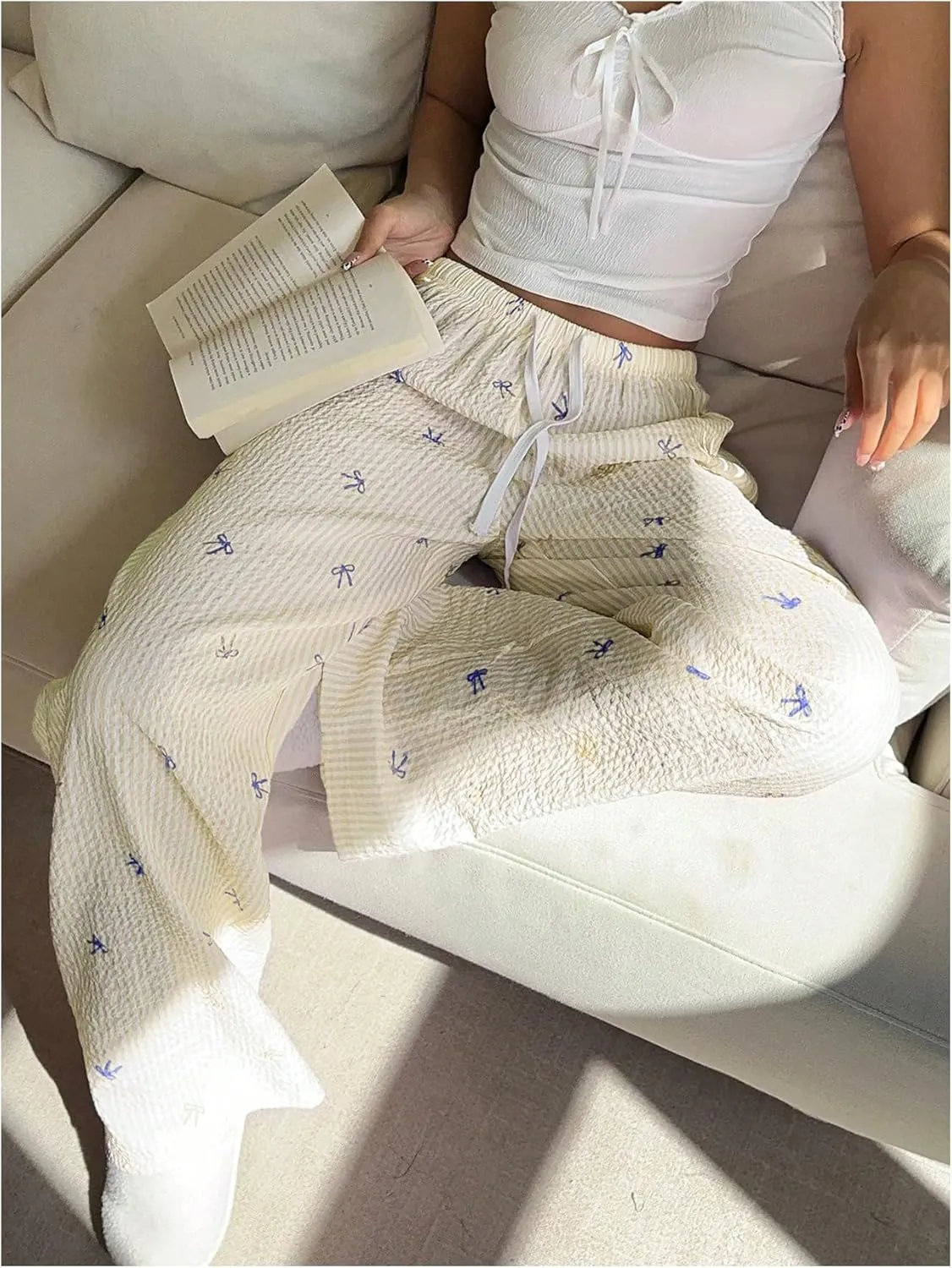 MakeMeChic Women's Y2K Bow Striped Pants Elastic Waist Pants Drawstring Straight Leg Trousers
