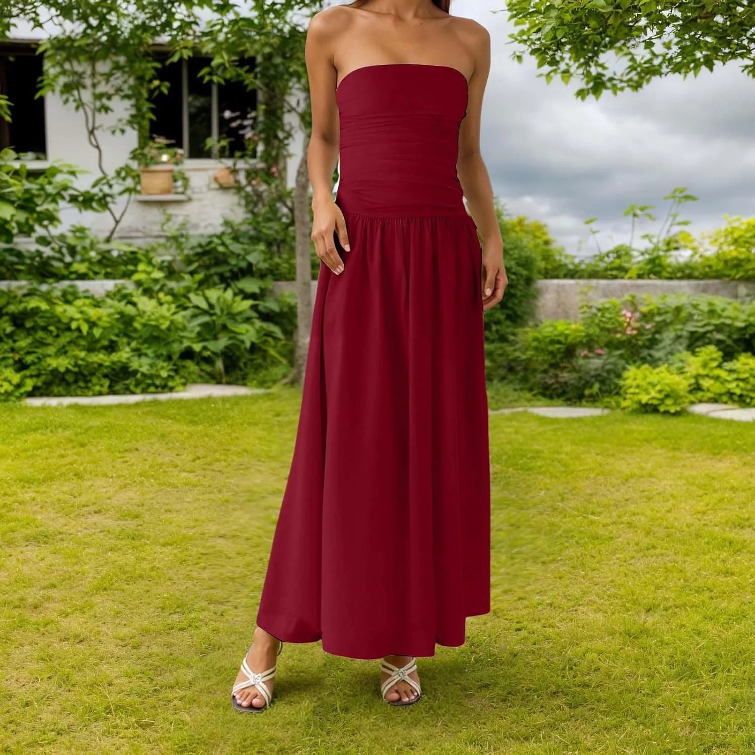 Maxi Dresses for Women 2025 Pleated Tie Waist Strapless Tube Top Corset Dress A Line Flowy Elegant Party Evening Gown