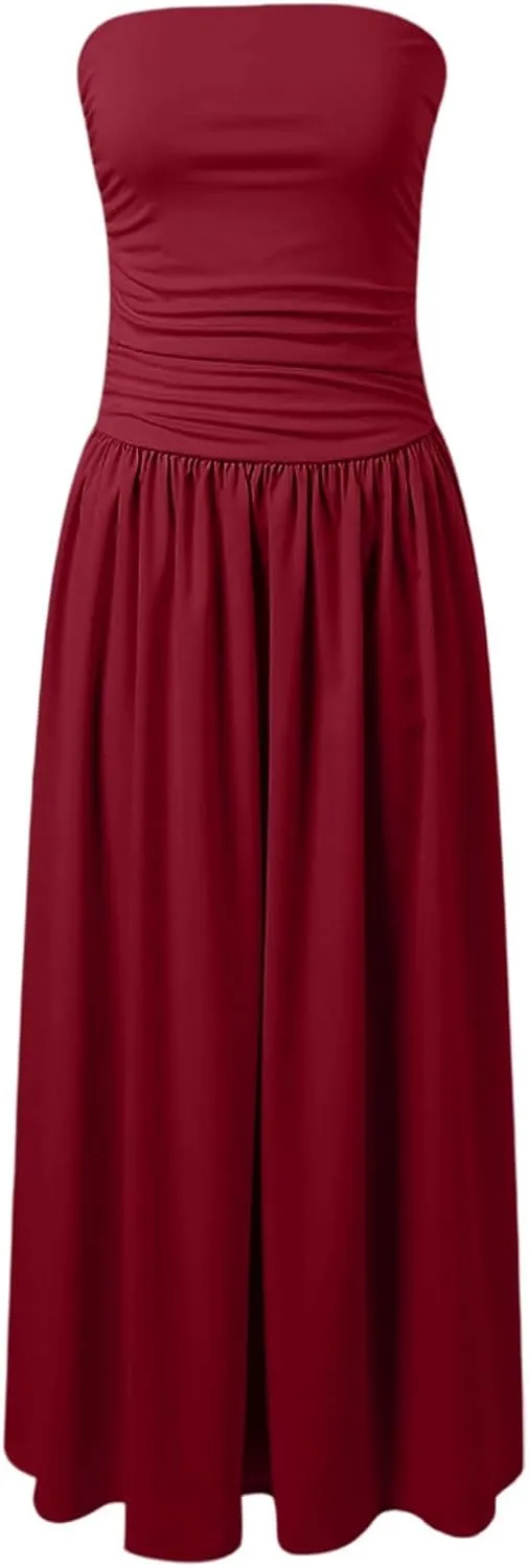 Maxi Dresses for Women 2025 Pleated Tie Waist Strapless Tube Top Corset Dress A Line Flowy Elegant Party Evening Gown