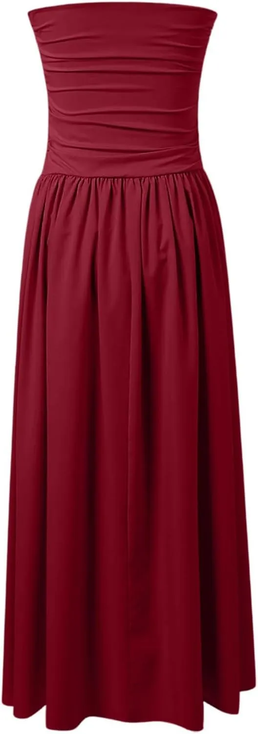 Maxi Dresses for Women 2025 Pleated Tie Waist Strapless Tube Top Corset Dress A Line Flowy Elegant Party Evening Gown