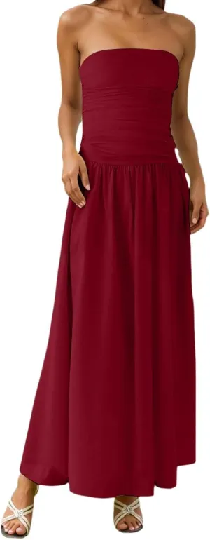 Maxi Dresses for Women 2025 Pleated Tie Waist Strapless Tube Top Corset Dress A Line Flowy Elegant Party Evening Gown