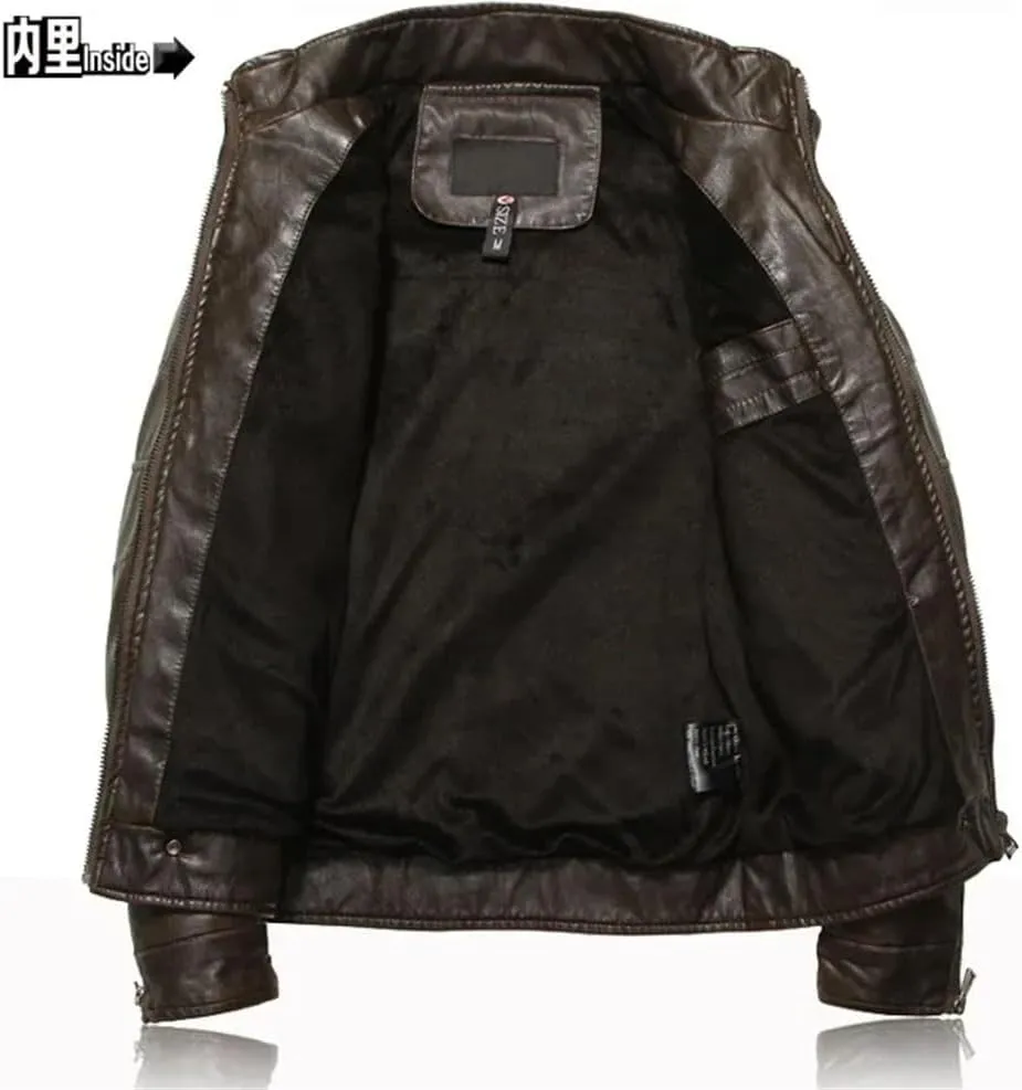 Men Motorcycle Thickened Leather Coat Coatmens Plus fleece Men Biker Riding Fleece Leather Jacket