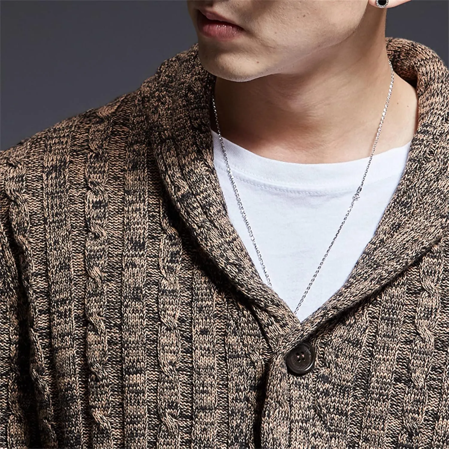 Men's Cable Knit Cardigan Shawl Collar Button Down Sweaters Casual Heavy Weight Thermal Solid Knitwear Jacket