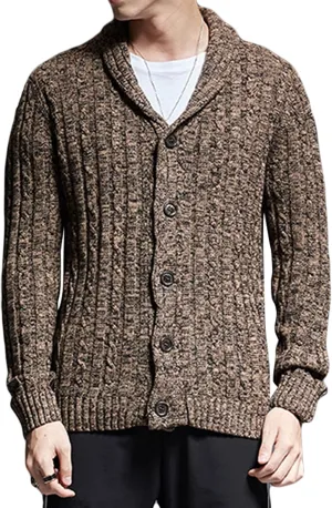 Men's Cable Knit Cardigan Shawl Collar Button Down Sweaters Casual Heavy Weight Thermal Solid Knitwear Jacket