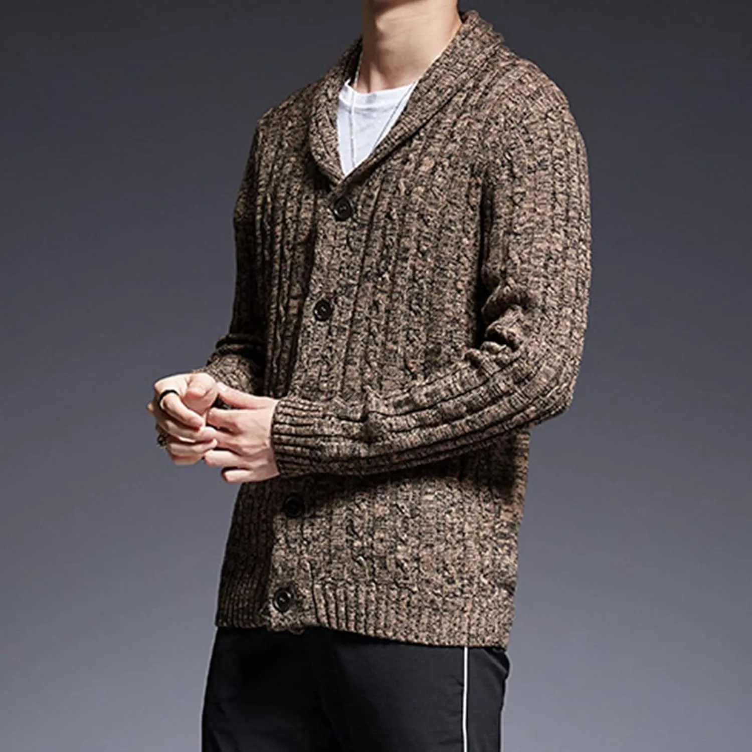 Men's Cable Knit Cardigan Shawl Collar Button Down Sweaters Casual Heavy Weight Thermal Solid Knitwear Jacket