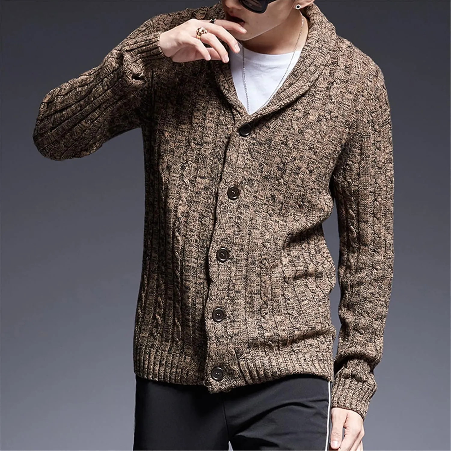Men's Cable Knit Cardigan Shawl Collar Button Down Sweaters Casual Heavy Weight Thermal Solid Knitwear Jacket