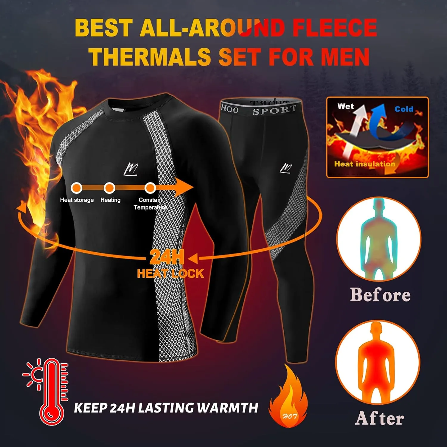Men's Compression Base Layers Long Johns Winter Gear with Fleece Lined for Skiing