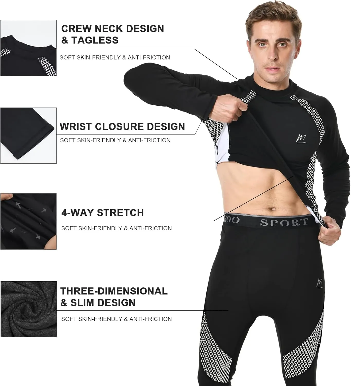 Men's Compression Base Layers Long Johns Winter Gear with Fleece Lined for Skiing