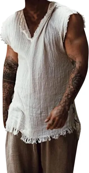 Men's Cotton Linen Shirts Big and Tall Sleeveless Workout Tank Tops Breathable Quick Dry Summer V Neck Gym Fitness Tee