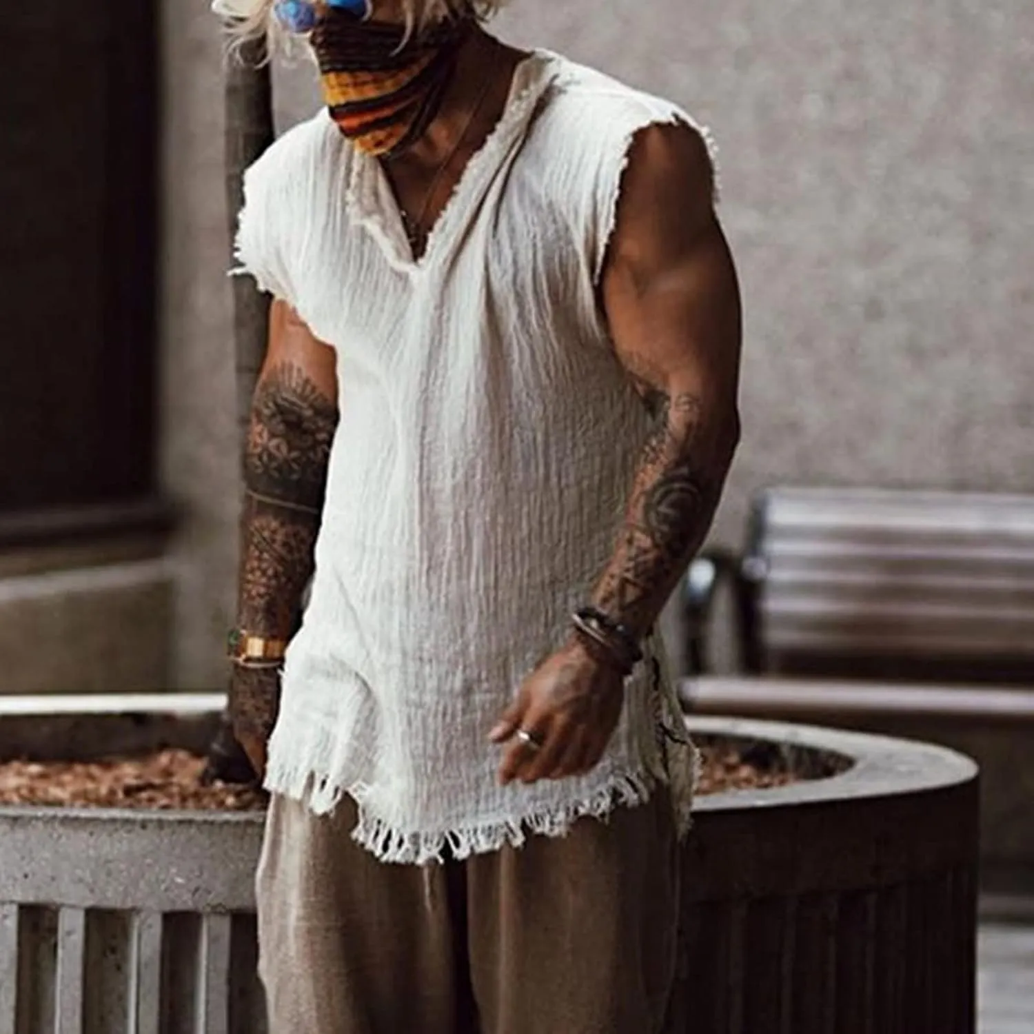 Men's Cotton Linen Shirts Big and Tall Sleeveless Workout Tank Tops Breathable Quick Dry Summer V Neck Gym Fitness Tee
