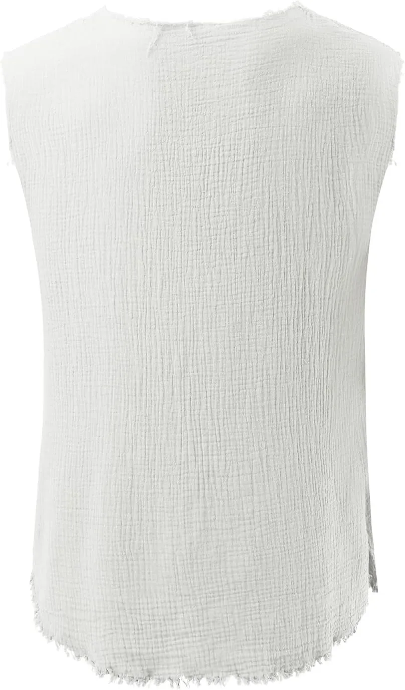 Men's Cotton Linen Shirts Big and Tall Sleeveless Workout Tank Tops Breathable Quick Dry Summer V Neck Gym Fitness Tee