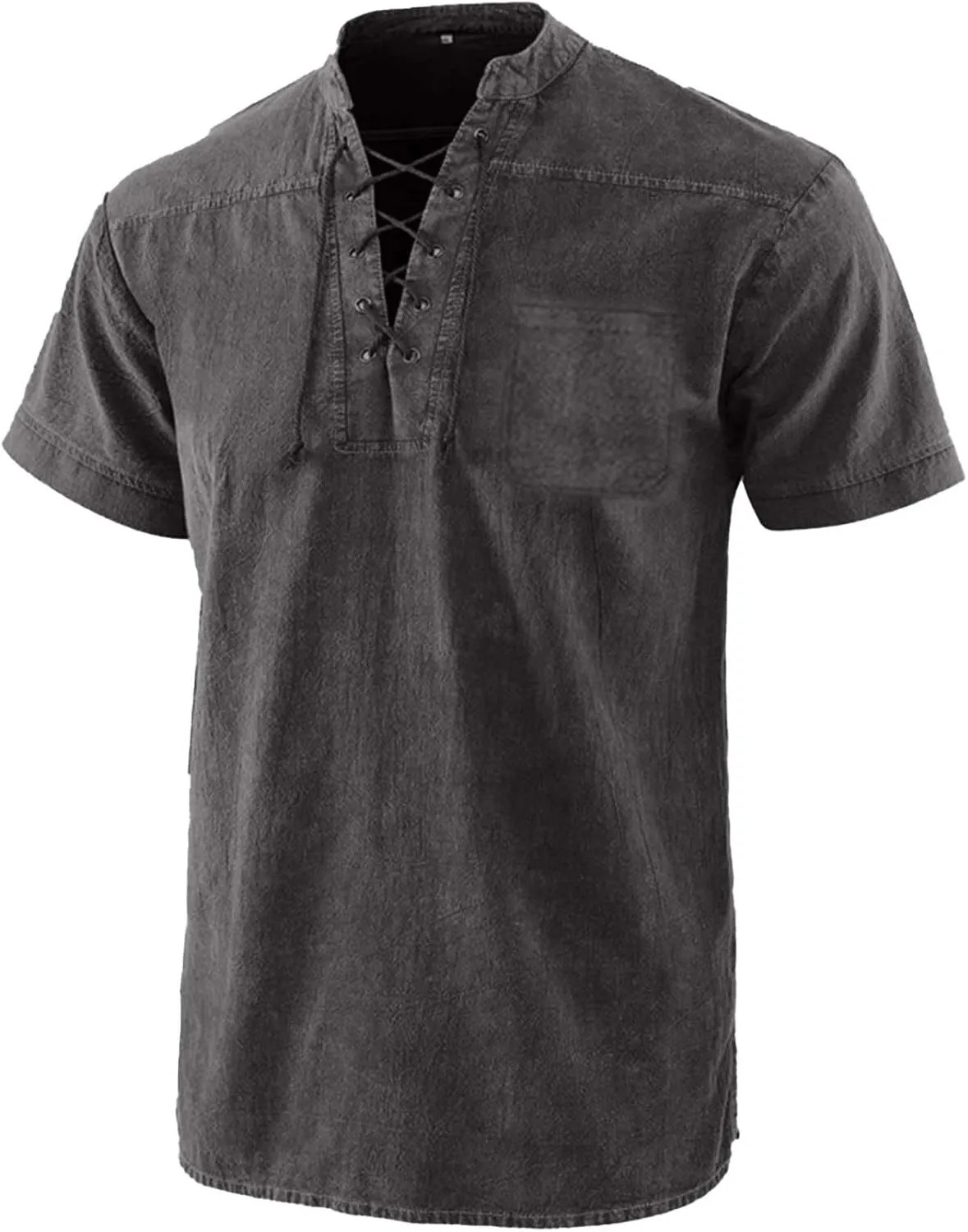 Men's Cotton Linen T-Shirts Short Sleeve V Neck Lace Up Henley Shirts Retro Notch Neck Pullover Shirt Sport Undershirt