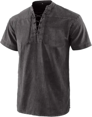 Men's Cotton Linen T-Shirts Short Sleeve V Neck Lace Up Henley Shirts Retro Notch Neck Pullover Shirt Sport Undershirt