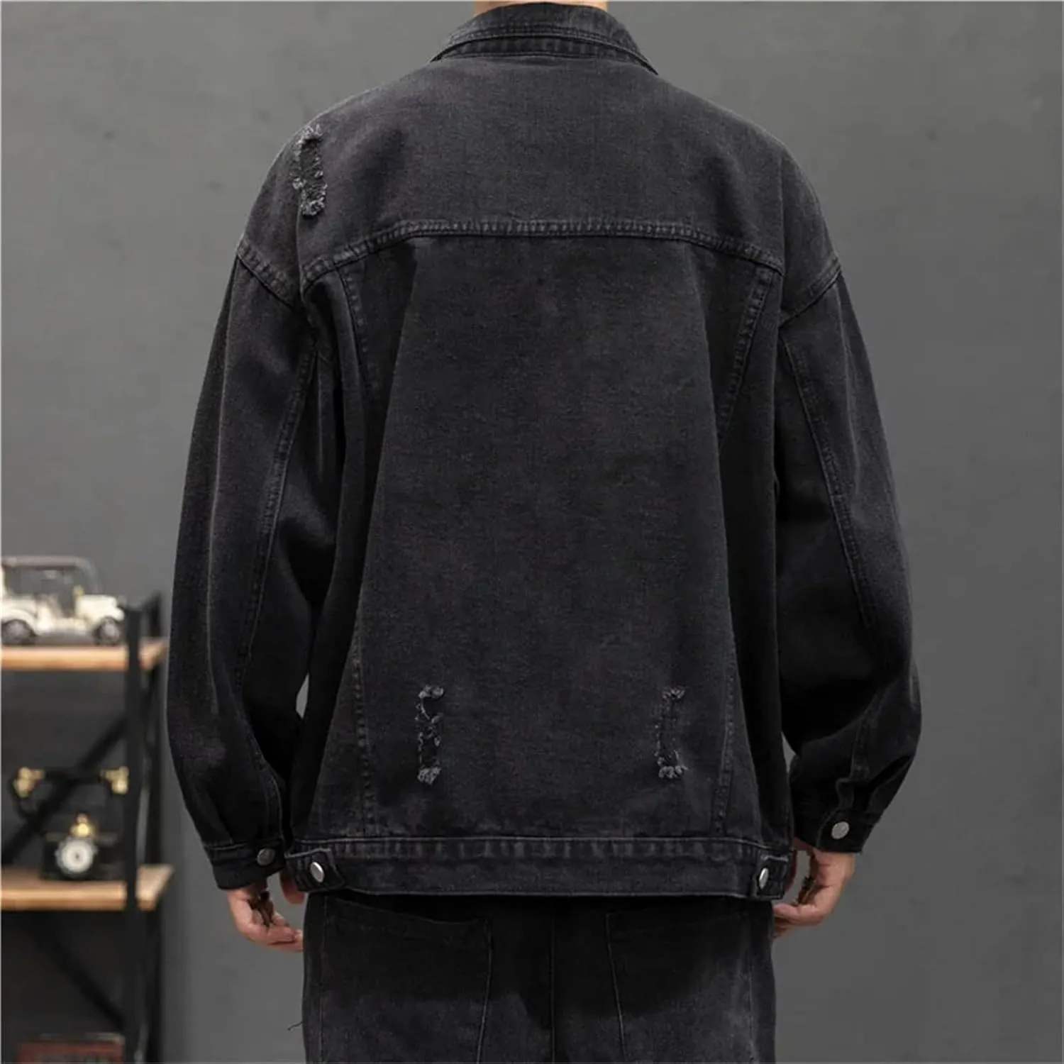 Men's Cotton Ripped Denim Jacket Lapel Single-Breasted Loose Street Hip-Hop Denim Jacket