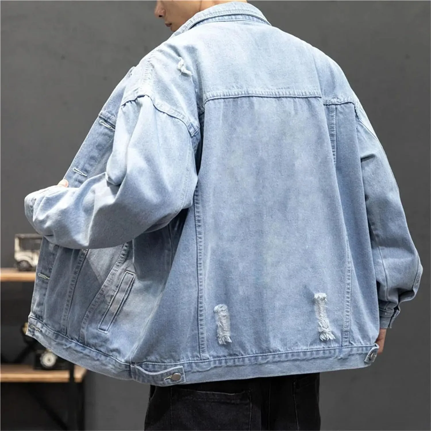 Men's Cotton Ripped Denim Jacket Lapel Single-Breasted Loose Street Hip-Hop Denim Jacket
