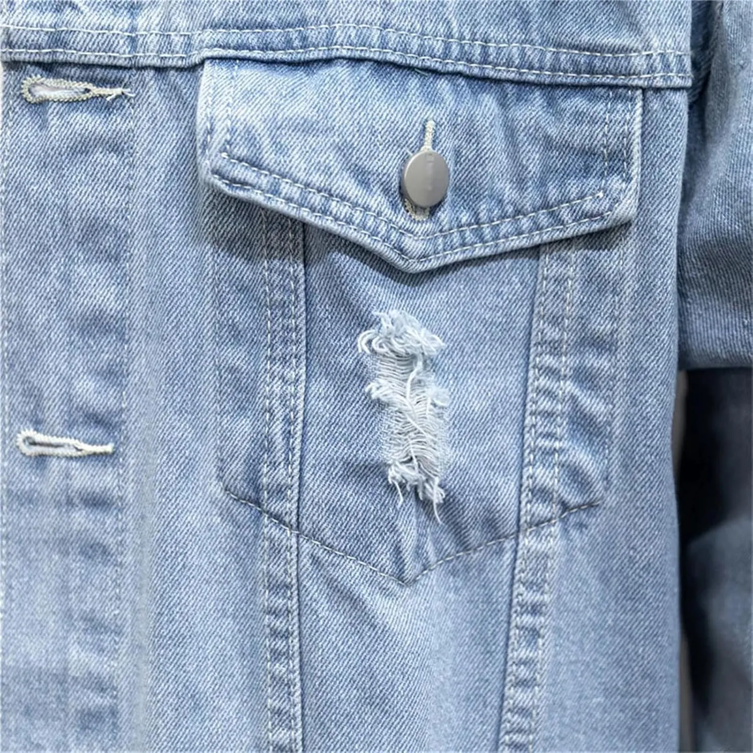 Men's Cotton Ripped Denim Jacket Lapel Single-Breasted Loose Street Hip-Hop Denim Jacket