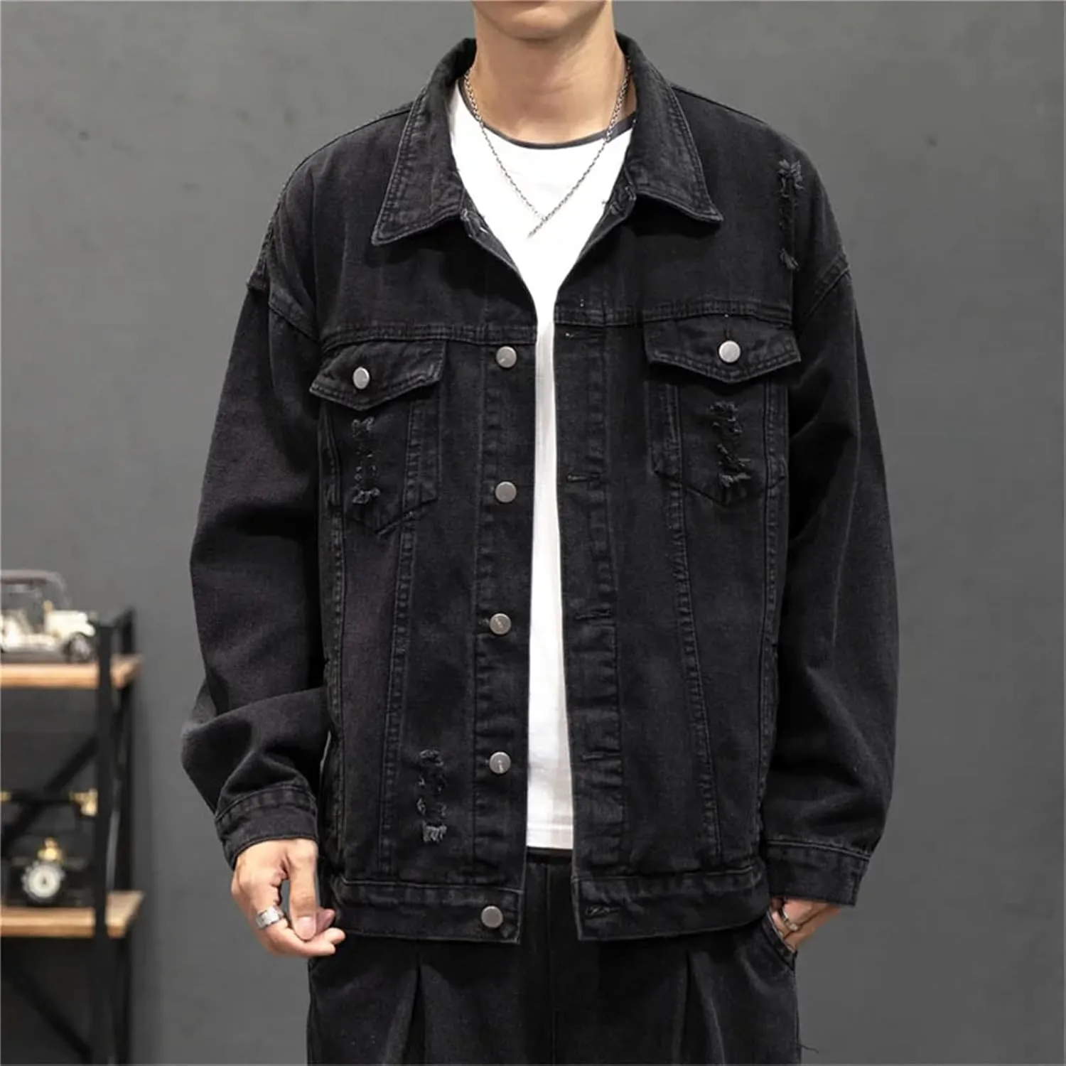 Men's Cotton Ripped Denim Jacket Lapel Single-Breasted Loose Street Hip-Hop Denim Jacket