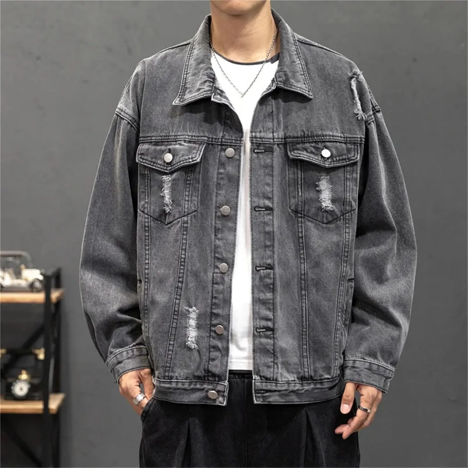 Men's Cotton Ripped Denim Jacket Lapel Single-Breasted Loose Street Hip-Hop Denim Jacket