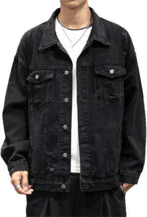 Men's Cotton Ripped Denim Jacket Lapel Single-Breasted Loose Street Hip-Hop Denim Jacket