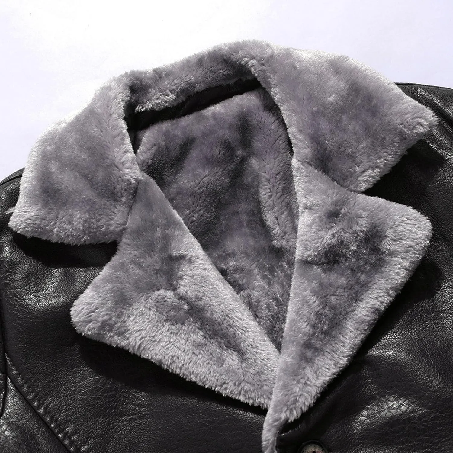 Men's Faux Leather Jacket Thick Faux Fur Shearling Lapel Collar Botton Down Long Trench Coats Long Pu Leather Jacket
