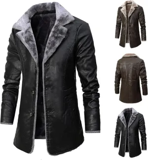 Men's Faux Leather Jacket Thick Faux Fur Shearling Lapel Collar Botton Down Long Trench Coats Long Pu Leather Jacket