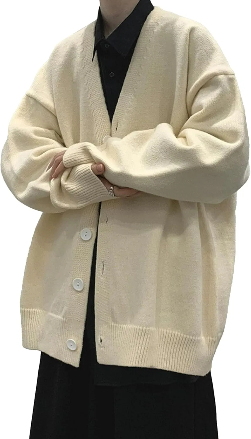 Men's Oversized Casual Button Down Cardigan V Neck Button Up Knit Jacket Vintage Solid Knitwear Cardigan