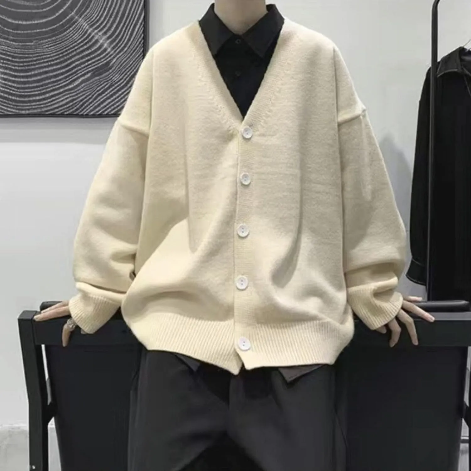 Men's Oversized Casual Button Down Cardigan V Neck Button Up Knit Jacket Vintage Solid Knitwear Cardigan
