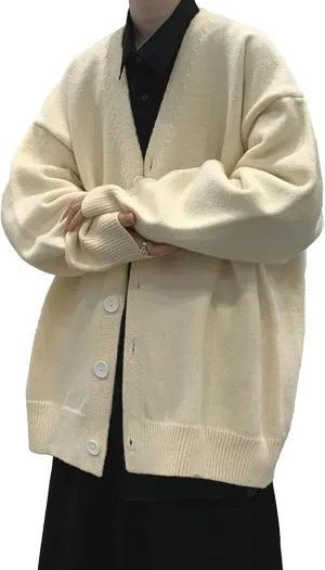 Men's Oversized Casual Button Down Cardigan V Neck Button Up Knit Jacket Vintage Solid Knitwear Cardigan