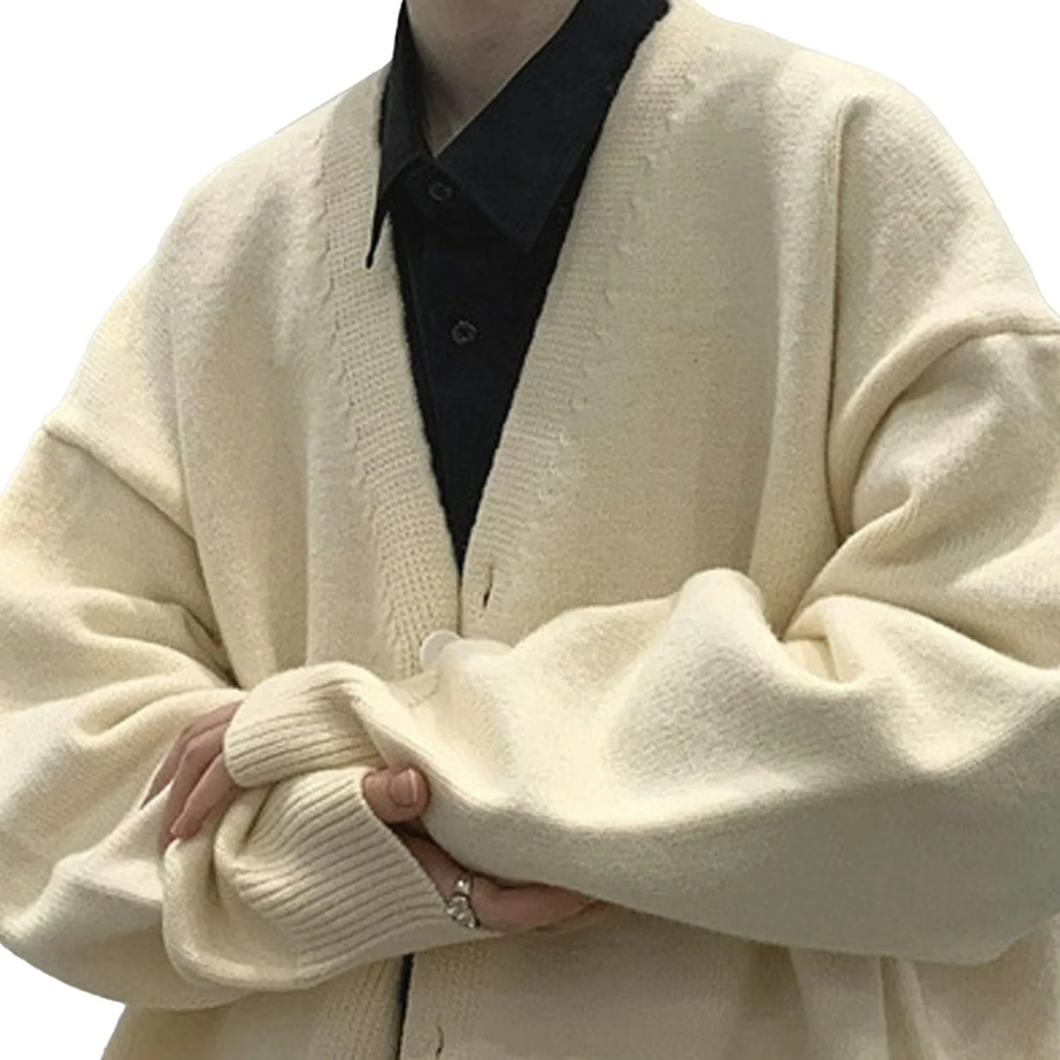 Men's Oversized Casual Button Down Cardigan V Neck Button Up Knit Jacket Vintage Solid Knitwear Cardigan