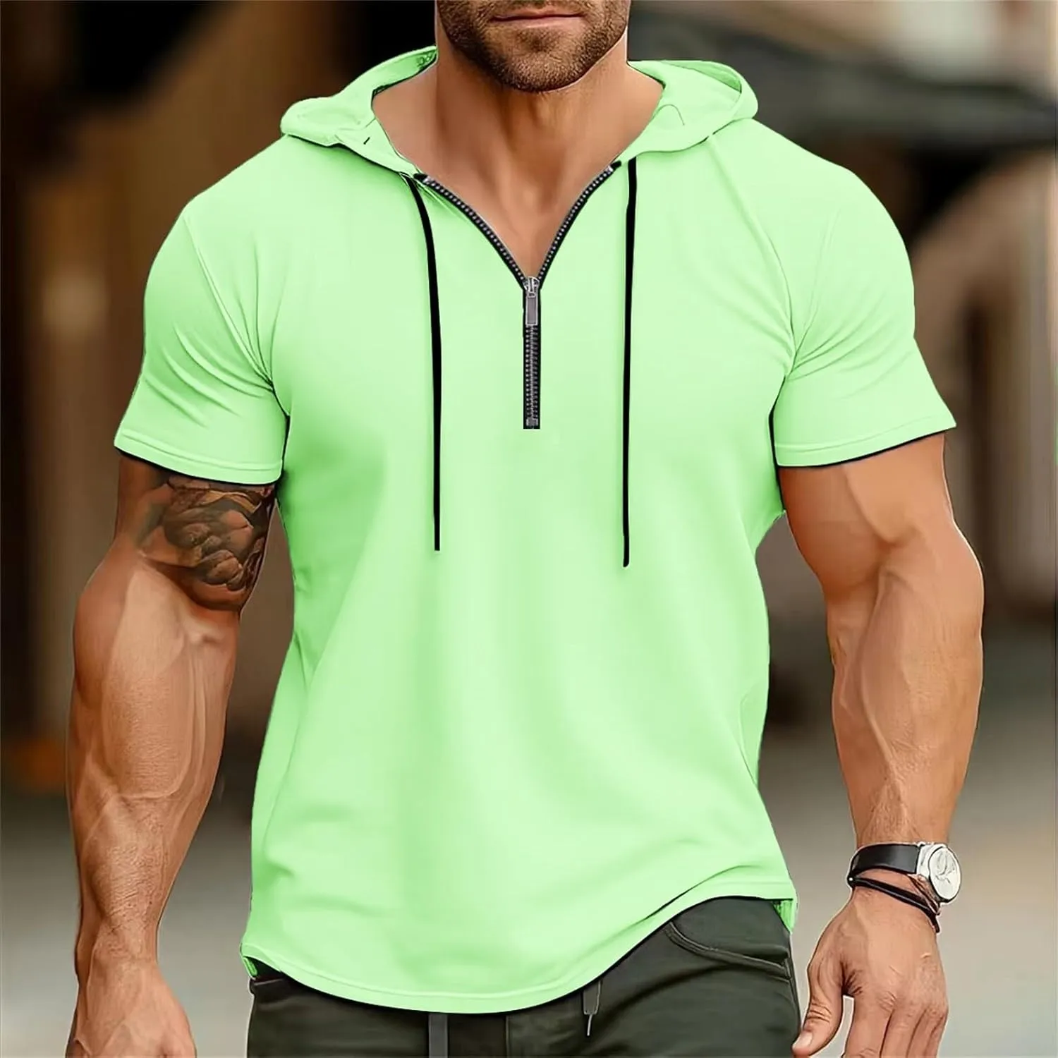 Men's Short Sleeve Hoodies Summer Trendy Zip Up Hooded Pullover Top Slim Fit Performance Moisture Wicking Sport Shirts